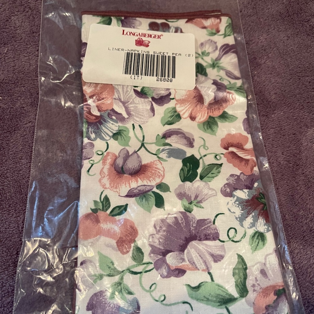 Longeberger (2) napkins sweet pea #26808, never used #8010